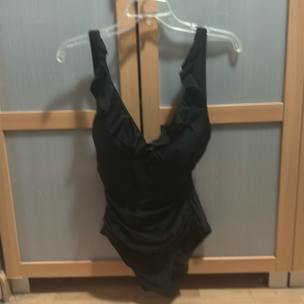 DKNY Black Ruffled One-Piece Swimsuit size small